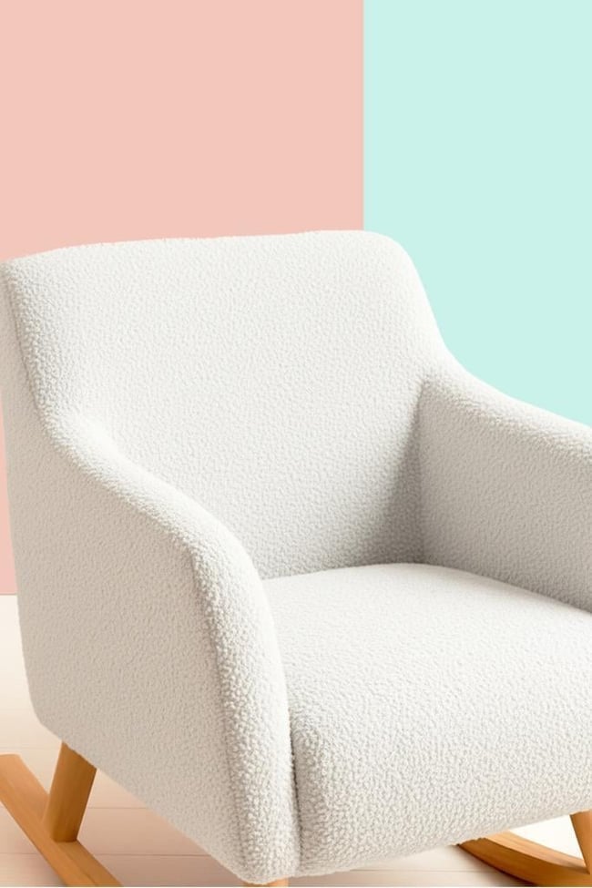 LOOP Sallanan Sandalye ve Puf Seti – Ekru Teddy Kumaş Ahşap Ayaklı Berjer - Sallanan Koltuk Puf