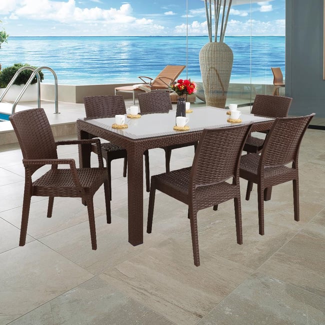 Mandella Elit Rattan 90x150 2 Elit Koltuk 4 Elit Sandalye Camlı Masa Takımı Kahverengi