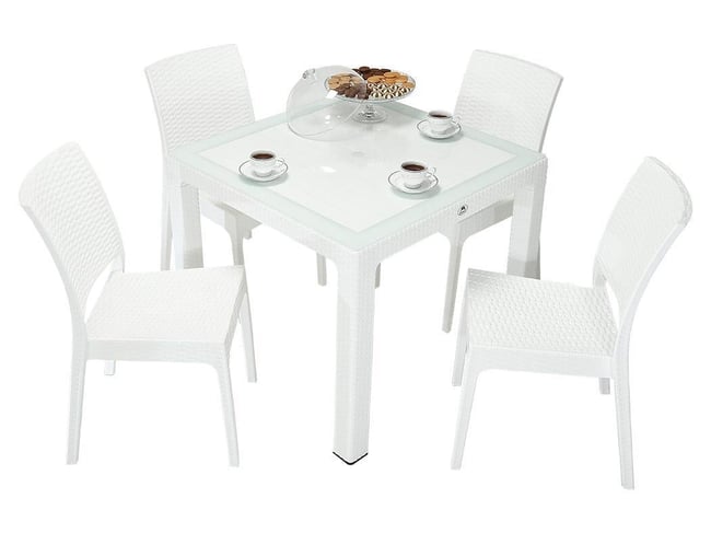 Mandella Elit Rattan 90x90 Elit Sandalye Camlı Masa Takımı beyaz