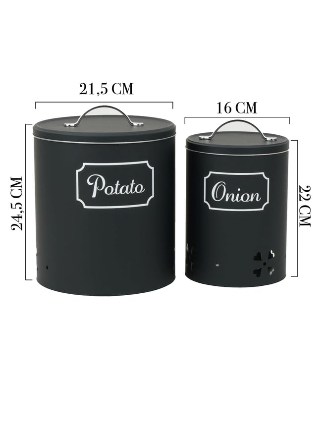 Mat Siyah Metal Mutfak Saklama Kutusu Seti – Patates, Soğan & Kahve/Çay/Şeker Organizer