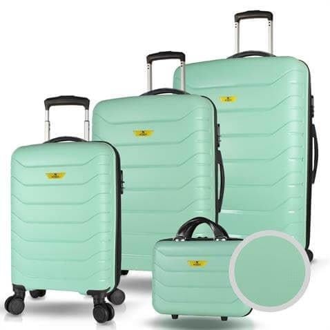 Solid PP Polipropilen Kırılmaz Kabin Orta Büyük ve Makyaj Boy Mint Yeşili 4lü Travel Valiz Seti