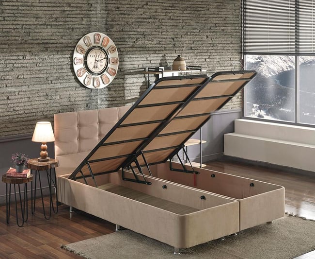 Niron Ela Baza ve Başlık Seti 200x200 cm Çift Kişilik Sütlü Kahve Kumaş Baza ve Başlığı Soho Kumaş