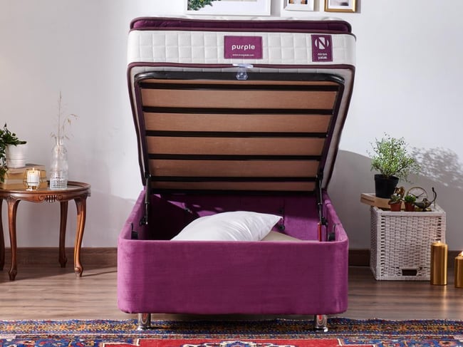 Niron Purple Baza ve Başlık Seti - 90x200 cm Tek Kişilik Sandıklı Mor Kumaş Baza ve Başlığı