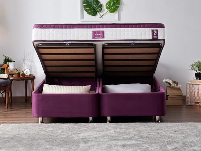 Niron Violet Yatak Seti 200x200 cm Çift Kişilik Yatak Baza Başlık Takımı - Orta Sert Yatak Mor Baza ve Başlığı