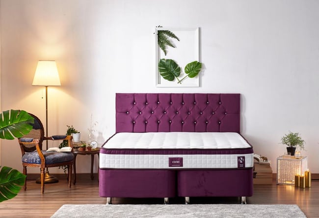 Niron Violet Yatak Seti 200x200 cm Çift Kişilik Yatak Baza Başlık Takımı - Orta Sert Yatak Mor Baza ve Başlığı