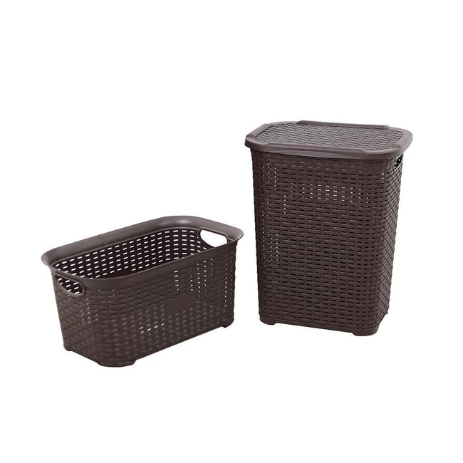 Sağlam Plastik Rattan Hasır Görünümlü Kirli Çamaşır Sepeti- Çamaşır sepeti 2'li Set Kahverengi