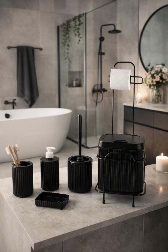 Standlı Siyah Banyo Aksesuar Seti Tuvalet Fırçası, Banyo Kovası, Sabunluk Ve Diş Fırçalık Seti