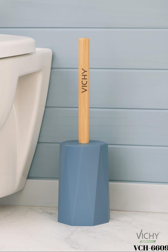 VICHY Modern Tasarımlı Mavi Tuvalet Fırçası Bambu Saplı Standlı  Banyo Temizlik Aksesuarı VCH-6609