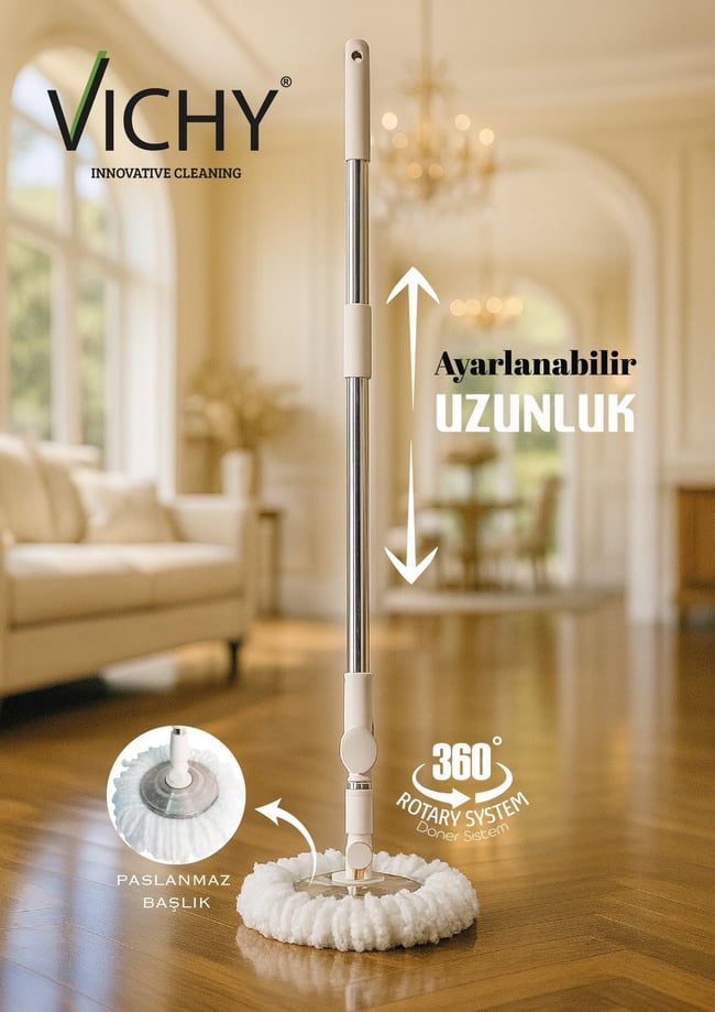 VICHY Mop Sap Seti (Ayarlanabilir Alüminyum Sap-Çelik  Mop Başlığı,Mikrofiber Bez)  3lü Set VCH-6681