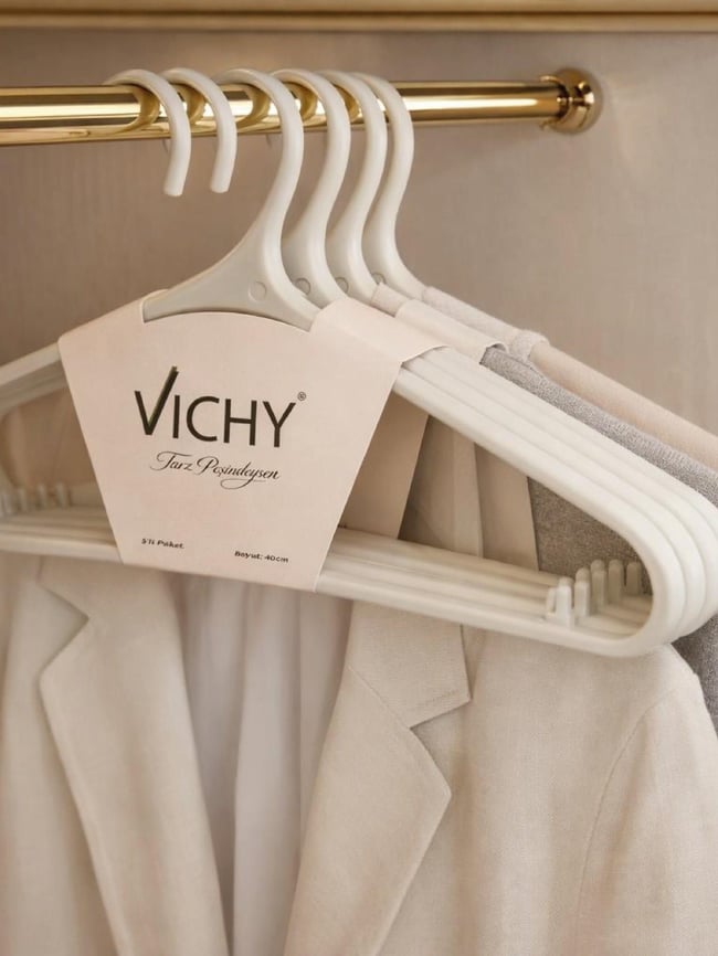 Vichy 5’Li Kaymaz Pantolon & Etek Askısı 40 Cm – Krem Renk Çok Amaçlı Dolap Düzenleyici VCH-7017