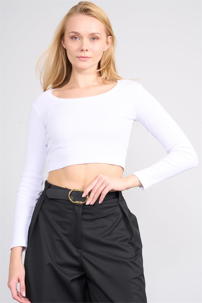 Aksoy K26 627-06 Beyaz Kadın Kare Yaka Crop Sweat