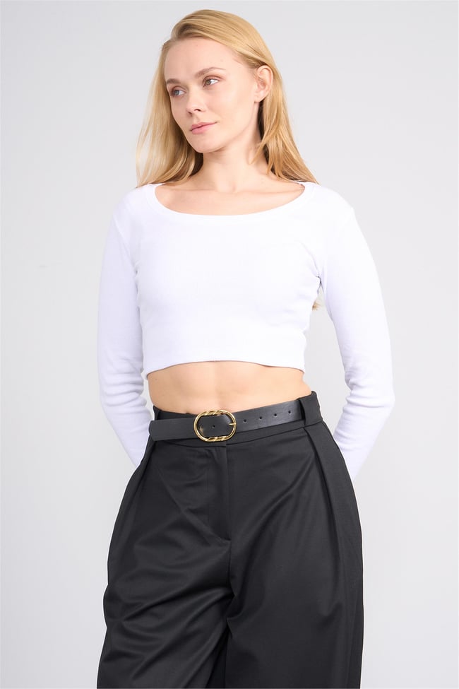 Aksoy K26 627-06 Beyaz Kadın Kare Yaka Crop Sweat