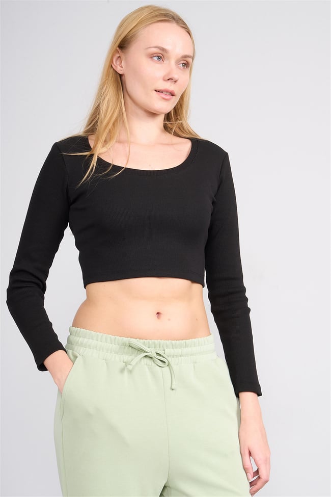 Aksoy K26 627-06 Sıyah Kadın Kare Yaka Crop Sweat