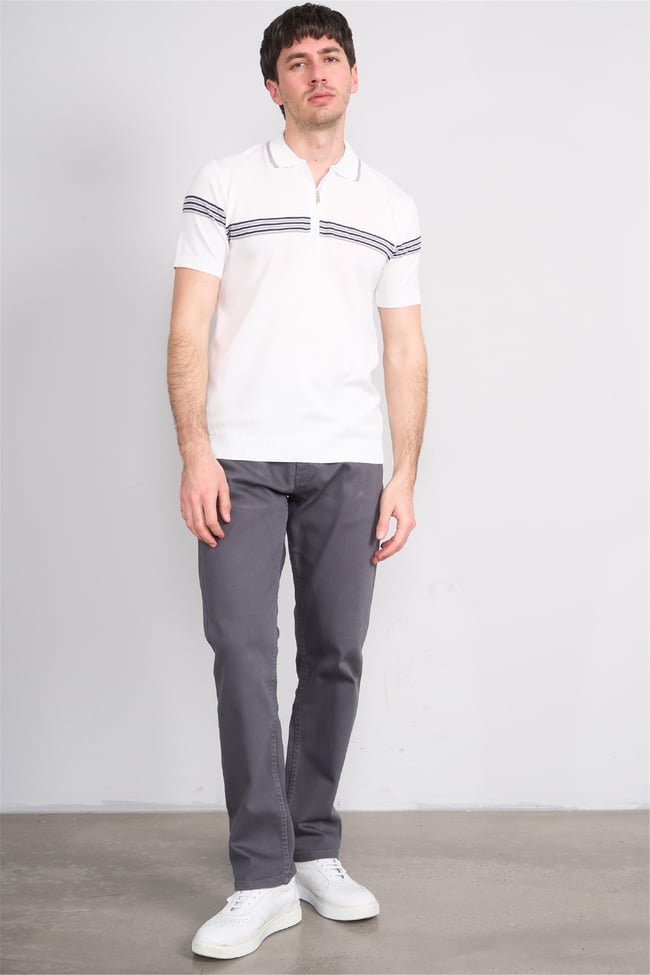 C.K Y26 805 Beyaz Erkek Triko Fermuarlı Çizgi Detaylı Polo Yaka Tişört M-Xxl