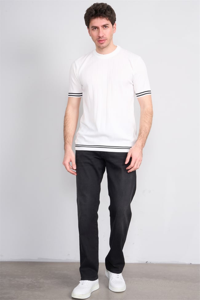 C.K Y26 828 Beyaz Erkek Triko Bisiklet Yaka Nakış Detaylı Şeritli Tişört M-Xxl