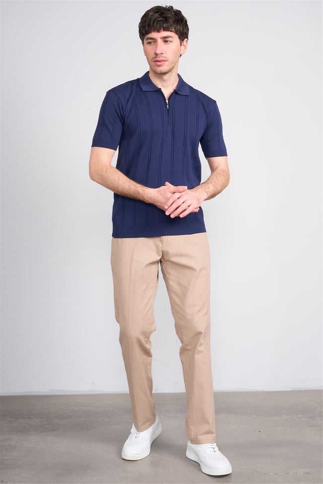 C.K Y26 812 Lacivert Erkek Triko Fermmuarlı Şeritli Polo Yaka Tişört M-Xxl