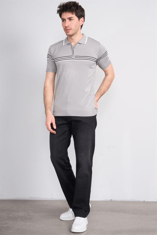 C.K Y26 805 Gri Erkek Triko Fermuarlı Çizgi Detaylı Polo Yaka Tişört M-Xxl
