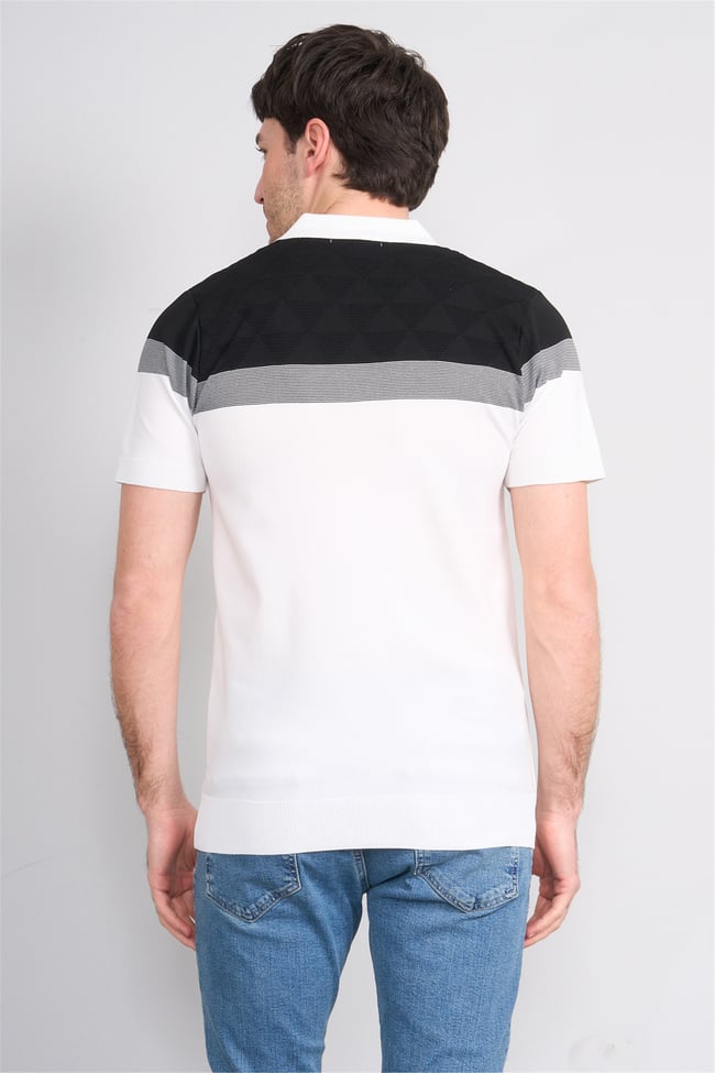C.K Y26 802 Beyaz Erkek Triko Fermuarlı Desenli Polo Yaka Tişört M-Xxl