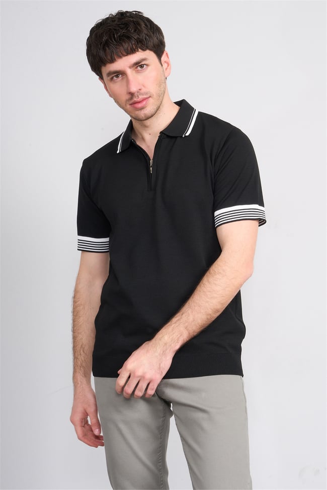 C.K Y26 815 Siyah Erkek Triko Fermmuarlı Şeritli Polo Yaka Tişört M-Xxl