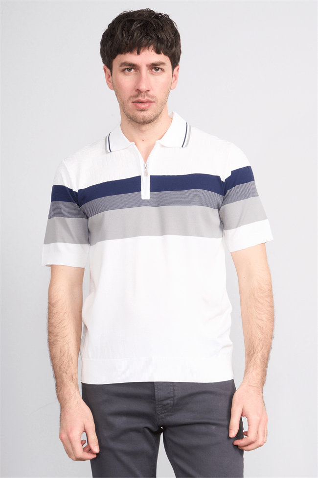 C.K Y26 811 Beyaz Erkek Triko Fermuarlı Polo Yaka Çizgilı Tişört M-Xxl