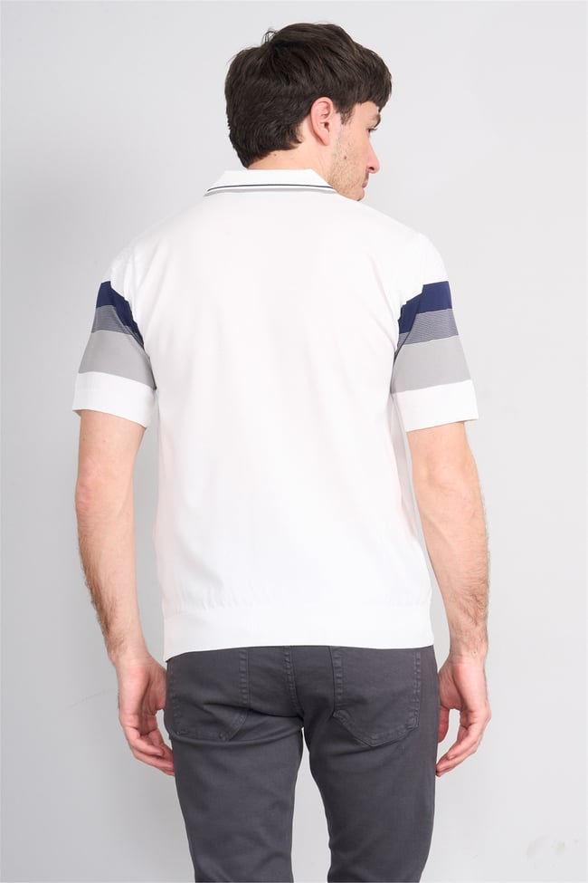 C.K Y26 811 Beyaz Erkek Triko Fermuarlı Polo Yaka Çizgilı Tişört M-Xxl