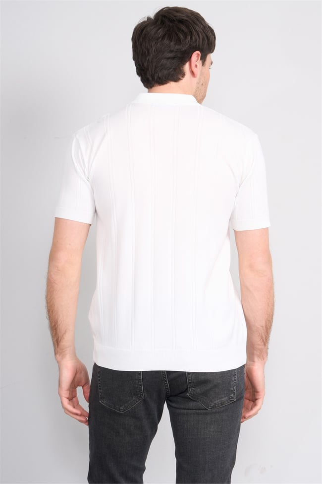 C.K Y26 812 Beyaz Erkek Triko Fermmuarlı Şeritli Polo Yaka Tişört M-Xxl