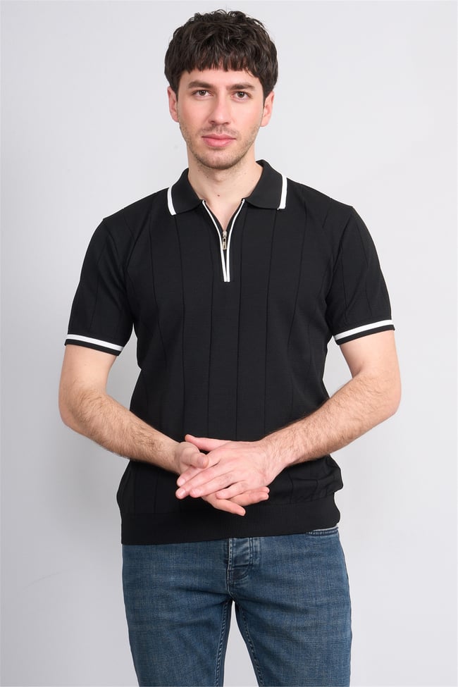 C.K Y26 829 Lacivert Erkek Triko Fermuarlı Şeritli Polo Yaka Tişört M-Xxl