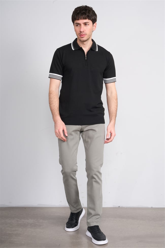 C.K Y26 815 Siyah Erkek Triko Fermmuarlı Şeritli Polo Yaka Tişört M-Xxl
