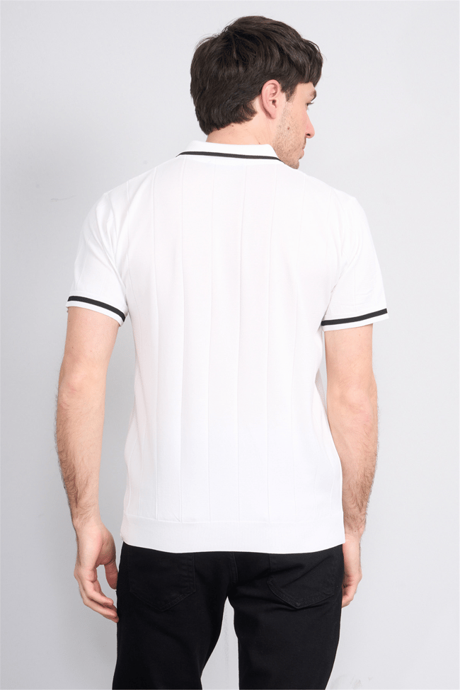 C.K Y26 829 Beyaz Erkek Triko Fermuarlı Şeritli Polo Yaka Tişört M-Xxl