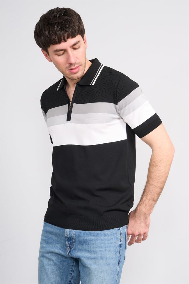 C.K Y26 811 Siyah Erkek Triko Fermuarlı Polo Yaka Çizgilı Tişört M-Xxl