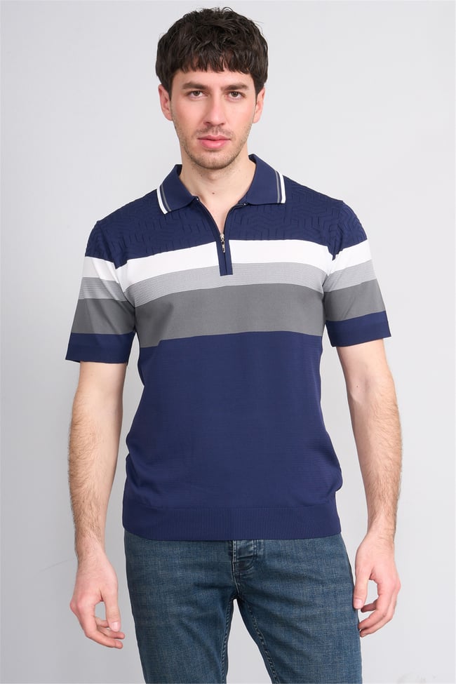 C.K Y26 811 Lacivert Erkek Triko Fermuarlı Polo Yaka Çizgilı Tişört M-Xxl