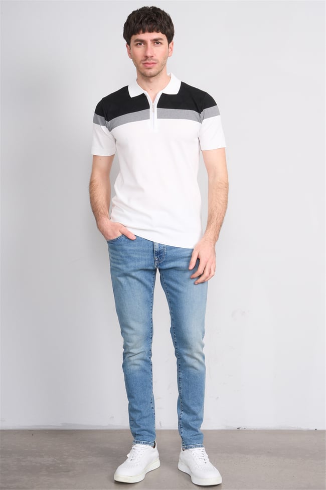 C.K Y26 802 Beyaz Erkek Triko Fermuarlı Desenli Polo Yaka Tişört M-Xxl