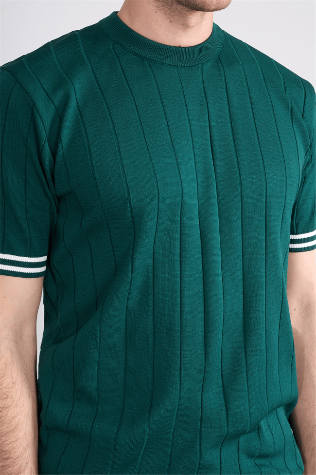 C.K Y26 828 Zümrüt Erkek Triko Bisiklet Yaka Nakış Detaylı Şeritli Tişört M-Xxl
