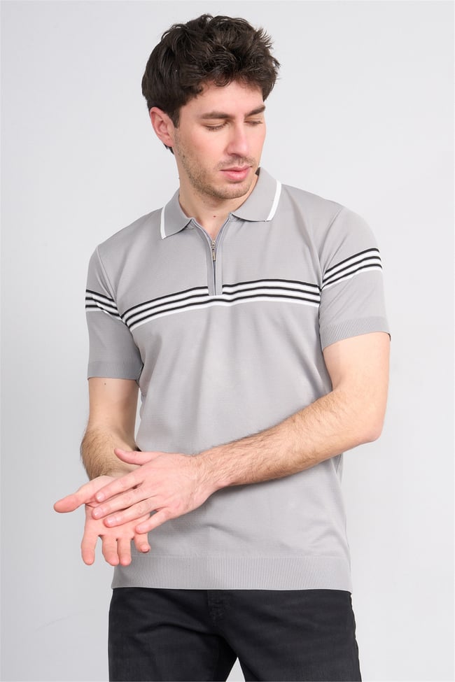 C.K Y26 805 Gri Erkek Triko Fermuarlı Çizgi Detaylı Polo Yaka Tişört M-Xxl