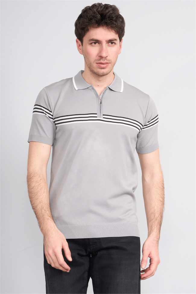 C.K Y26 805 Gri Erkek Triko Fermuarlı Çizgi Detaylı Polo Yaka Tişört M-Xxl