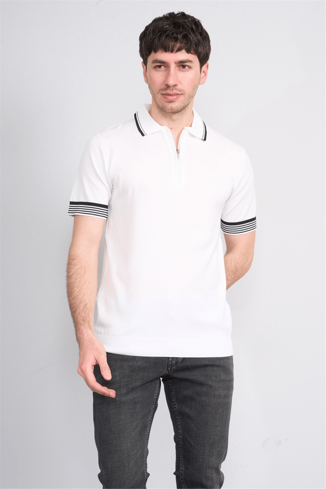 C.K Y26 815 Beyaz Erkek Triko Fermmuarlı Şeritli Polo Yaka Tişört M-Xxl