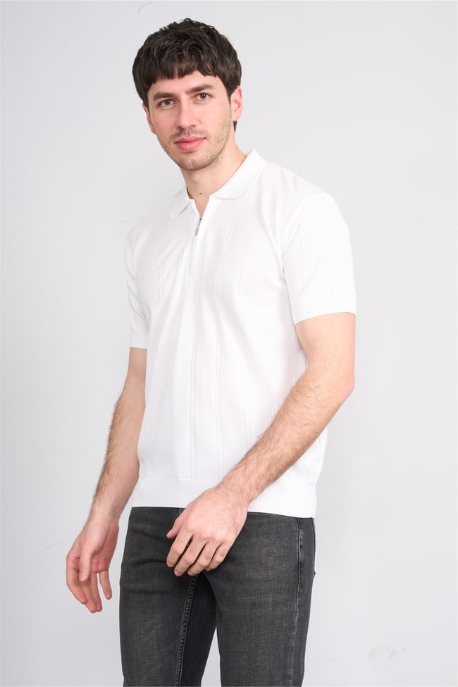 C.K Y26 812 Beyaz Erkek Triko Fermmuarlı Şeritli Polo Yaka Tişört M-Xxl