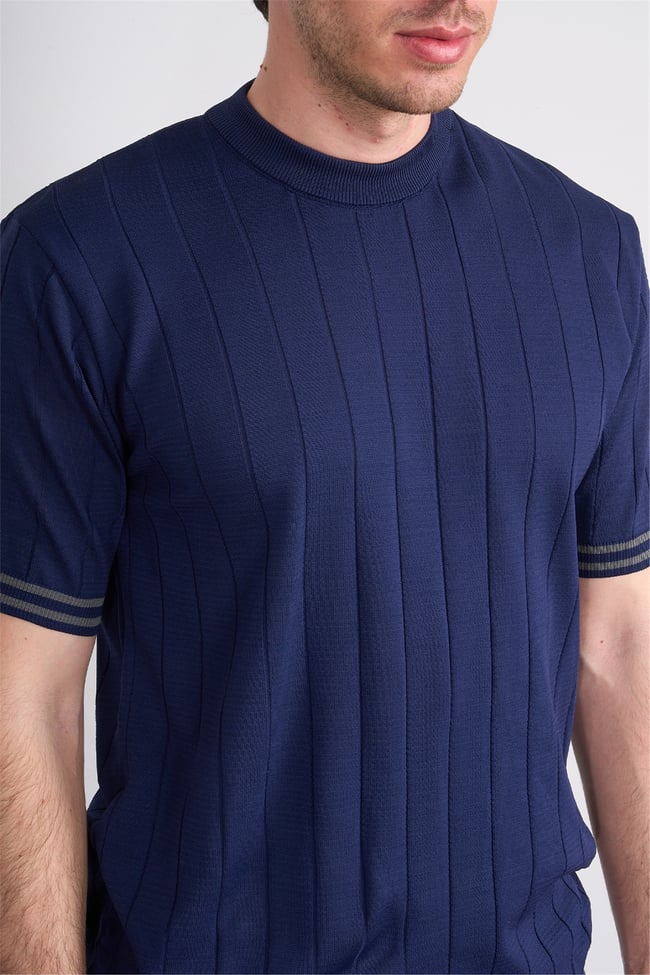C.K Y26 828 Lacivert Erkek Triko Bisiklet Yaka Nakış Detaylı Şeritli Tişört M-Xxl