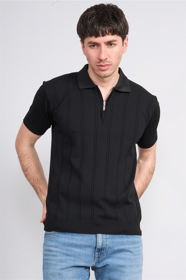 C.K Y26 812 Siyah Erkek Triko Fermmuarlı Şeritli Polo Yaka Tişört M-Xxl