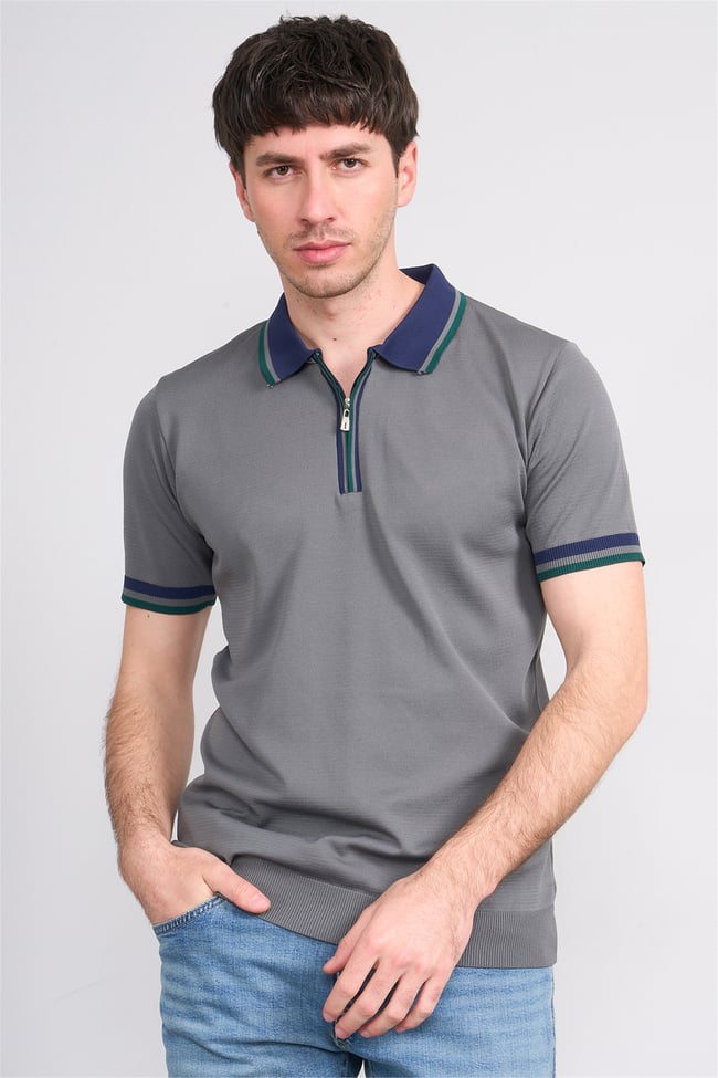 C.K Y26 803 Gri Erkek Triko Fermuarlı Polo Yaka Tişört M-Xxl