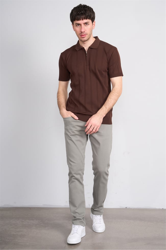 C.K Y26 812 Kahverengi Erkek Triko Fermmuarlı Şeritli Polo Yaka Tişört M-Xxl