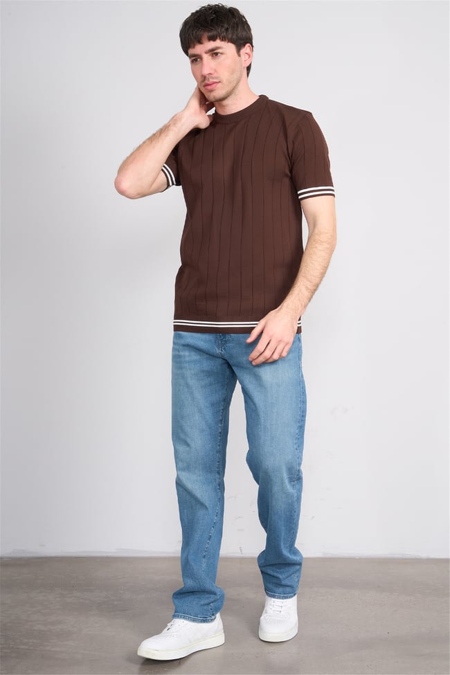 C.K Y26 828 Kahverengi Erkek Triko Bisiklet Yaka Nakış Detaylı Şeritli Tişört M-Xxl