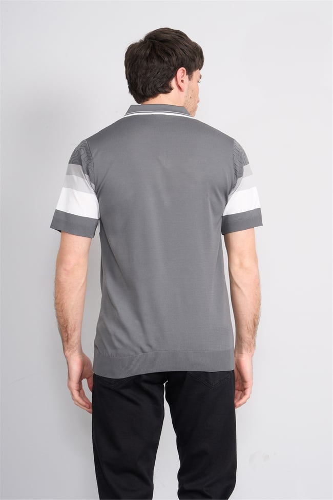 C.K Y26 811 Gri Erkek Triko Fermuarlı Polo Yaka Çizgilı Tişört M-Xxl