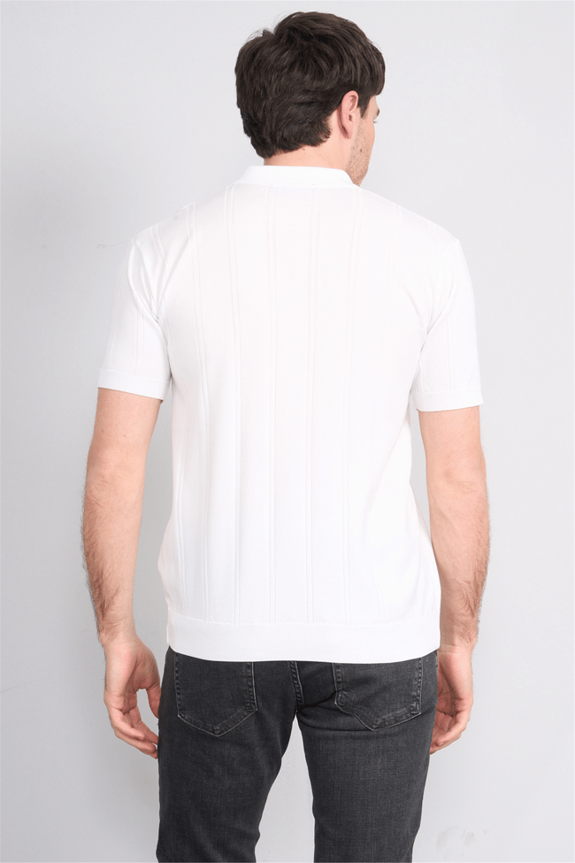 C.K Y26 812 Beyaz Erkek Triko Fermmuarlı Şeritli Polo Yaka Tişört M-Xxl