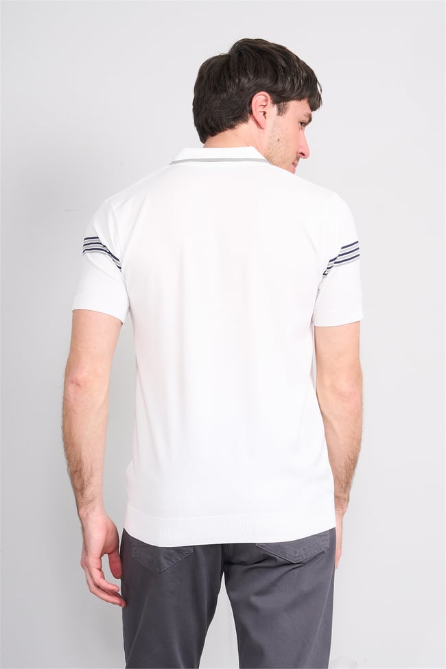 C.K Y26 805 Beyaz Erkek Triko Fermuarlı Çizgi Detaylı Polo Yaka Tişört M-Xxl