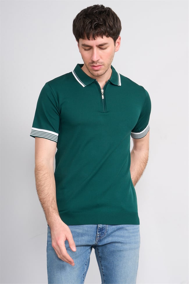 C.K Y26 815 Zümrüt Erkek Triko Fermmuarlı Şeritli Polo Yaka Tişört M-Xxl