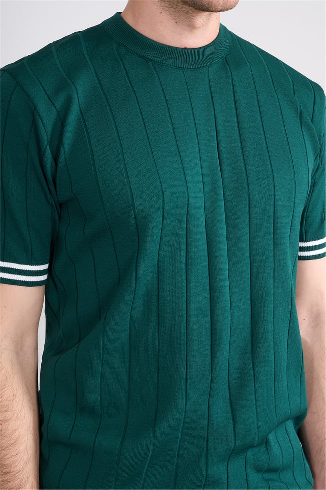 C.K Y26 828 Zümrüt Erkek Triko Bisiklet Yaka Nakış Detaylı Şeritli Tişört M-Xxl