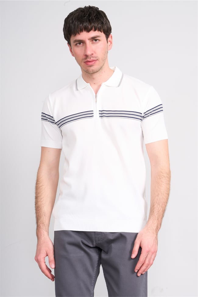 C.K Y26 805 Beyaz Erkek Triko Fermuarlı Çizgi Detaylı Polo Yaka Tişört M-Xxl