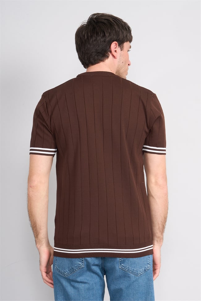 C.K Y26 828 Kahverengi Erkek Triko Bisiklet Yaka Nakış Detaylı Şeritli Tişört M-Xxl