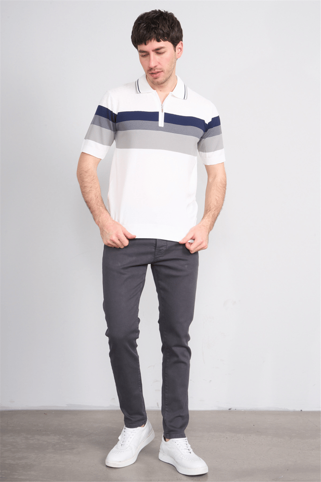 C.K Y26 811 Beyaz Erkek Triko Fermuarlı Polo Yaka Çizgilı Tişört M-Xxl